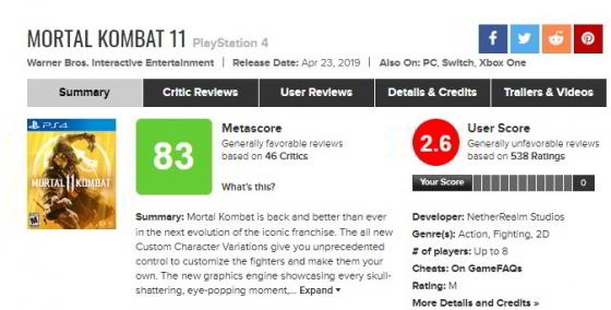Игроки «бомбят» рейтинг Mortal Kombat 11 в Steam и на Metacritic