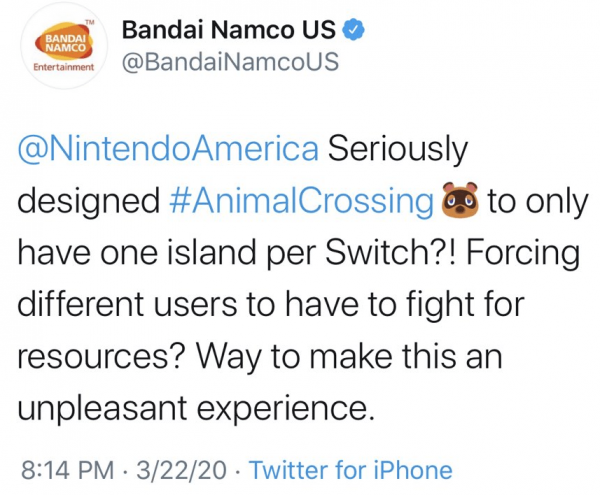 Bandai Namco раскритиковала Nintendo за Animal Crossing: New Horizons